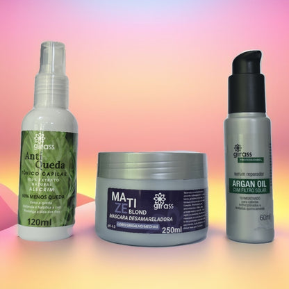 Combo Loiro Saudável e Hidratado Girass | Máscara Matizadora + Tônico Anti Queda + Sérum Argan