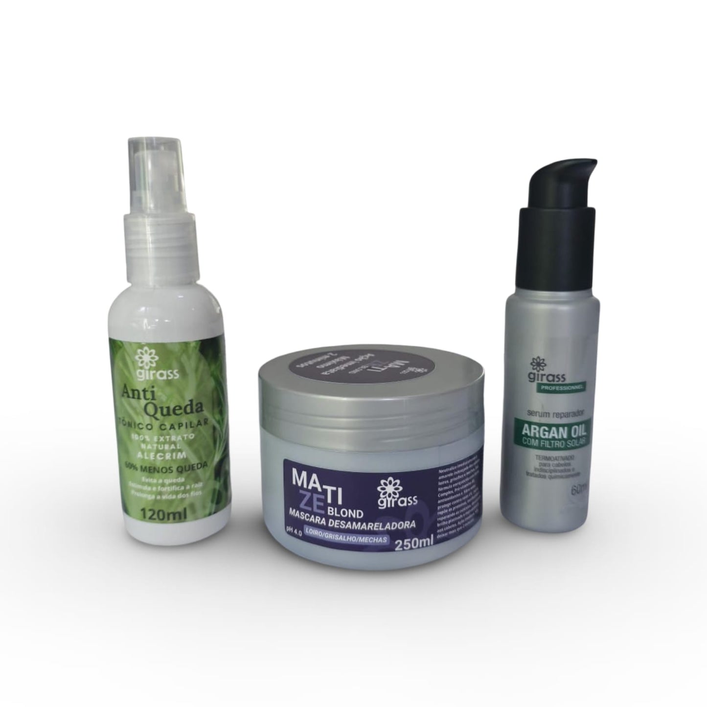 Combo Loiro Saudável e Hidratado Girass | Máscara Matizadora + Tônico Anti Queda + Sérum Argan