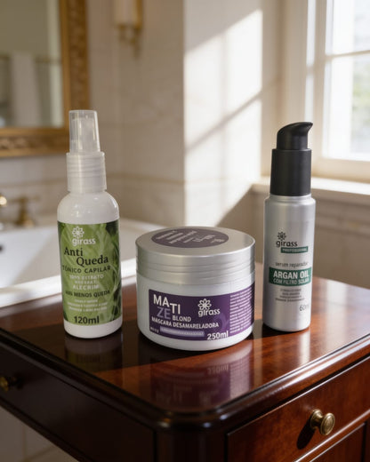 Combo Loiro Saudável e Hidratado Girass | Máscara Matizadora + Tônico Anti Queda + Sérum Argan