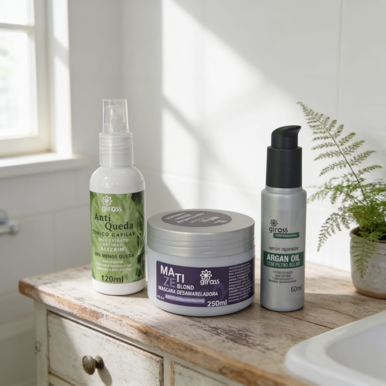 Combo Loiro Saudável e Hidratado Girass | Máscara Matizadora + Tônico Anti Queda + Sérum Argan