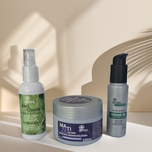 Combo Loiro Saudável e Hidratado Girass | Máscara Matizadora + Tônico Anti Queda + Sérum Argan